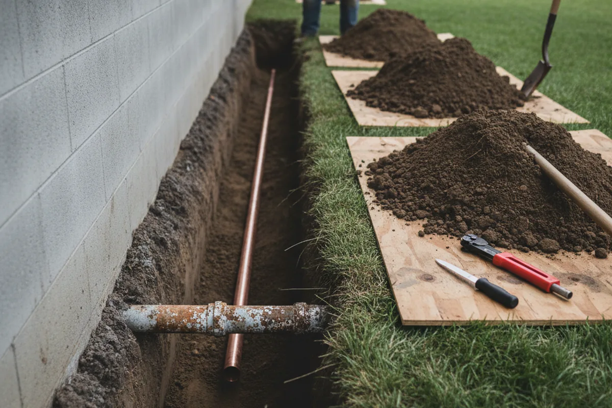 Excavated water line trench during Water Softener Installation in Higden